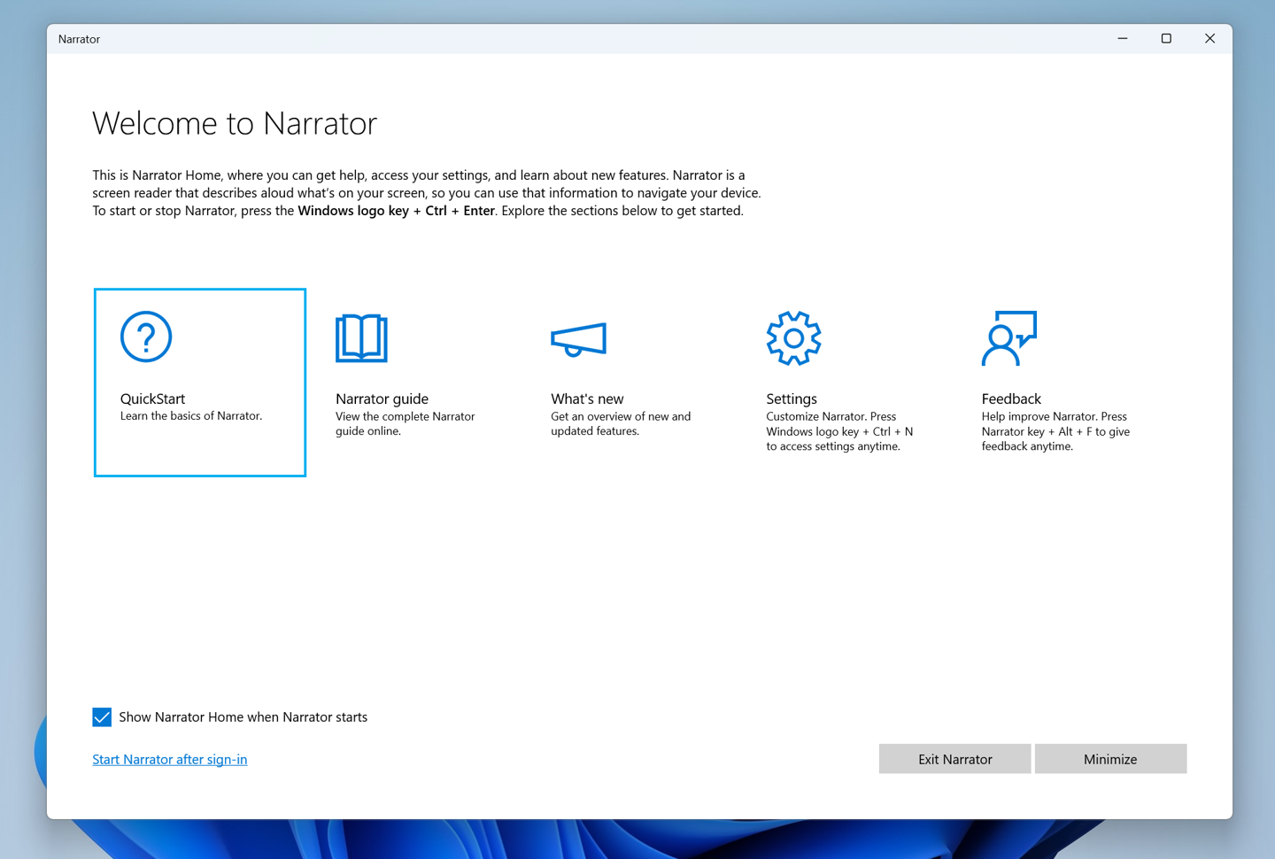 Narrator Home in Windows 11.