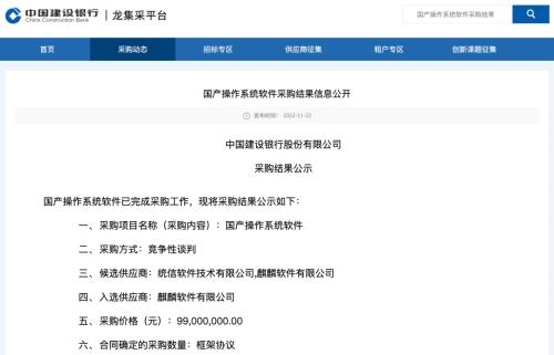 9900万元!建设银行采购国产麒麟操作系统 统信UOS落选