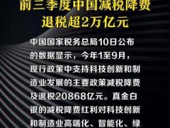 支持科创和制造业，前三季度中国减税降费退税超2万亿元