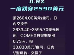 现货黄金周二跌约0.8%，一度跌穿2590美元