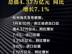 浙江：1-10月进出口总值4.37万亿元 同比增长7.1%