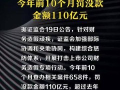 证监会：打击财务造假 今年前10个月罚没款金额110亿元