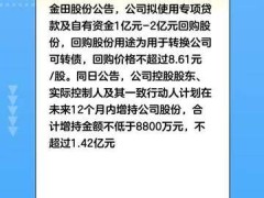 金田股份：拟1亿元-2亿元回购股份 实控人等拟8800万元-1.42亿元增持股份