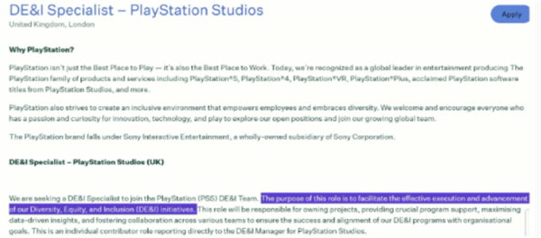 PlayStation DEI部门招聘广告