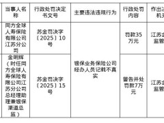 同方全球人寿江苏分公司因银保业务记录不实被罚35万