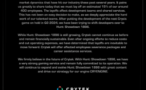 Crytek宣布裁员60人，经济压力下的艰难抉择