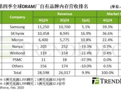 2024Q4 DRAM产业营收大增近一成，三星海力士市占率差距缩小