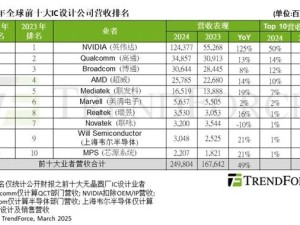 2024全球IC設(shè)計十強(qiáng)榜：NVIDIA領(lǐng)跑占半壁江山，年增速近五成