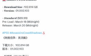 《刺客信条：影》PS5版容量破百GB，3月20日震撼来袭！